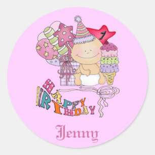 Sticker Rond Fille chancelante de joyeux anniversaire de 1 an