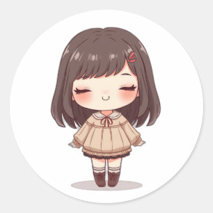 Sticker Rond Fille Chibi aux cheveux noirs dans des vêtements d