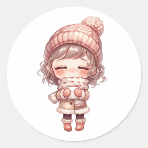 Sticker Rond Fille Chibi en tenue d'hiver violette