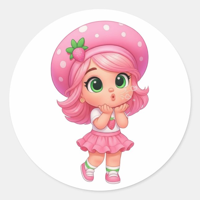 Sticker Rond Fille Chibi Kawaii aux Fraises (Devant)