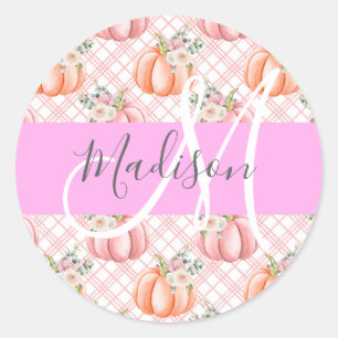 Sticker Rond Fille Chic Floral Rose Pêche Citrouille Nom du mon