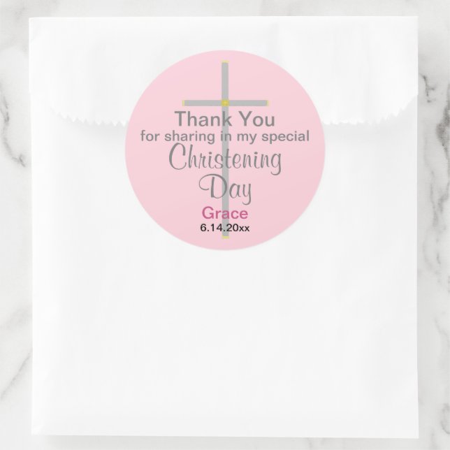 Sticker Rond Fille Christening Rose Merci (Sac)