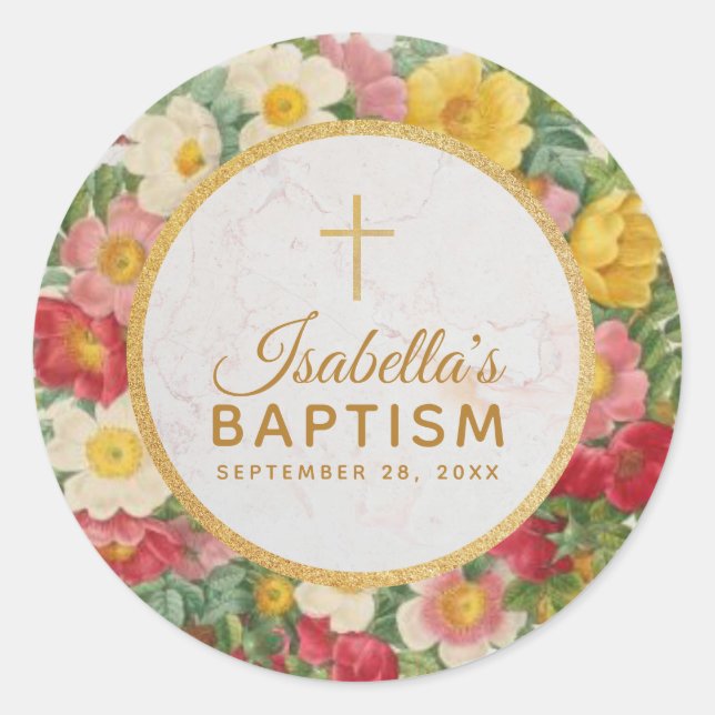 Sticker Rond Fille Christening Rose Wreath Floral Gold Cross (Devant)