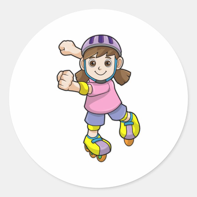 Sticker Rond Fille comme patineur avec patins et casque (Devant)