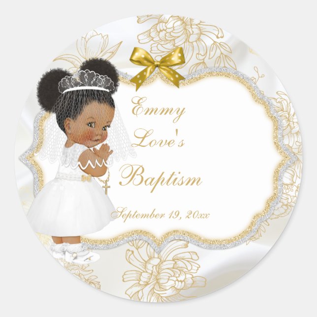 Sticker Rond Fille Communion Baptême Croix Dorée Ethnique (Devant)