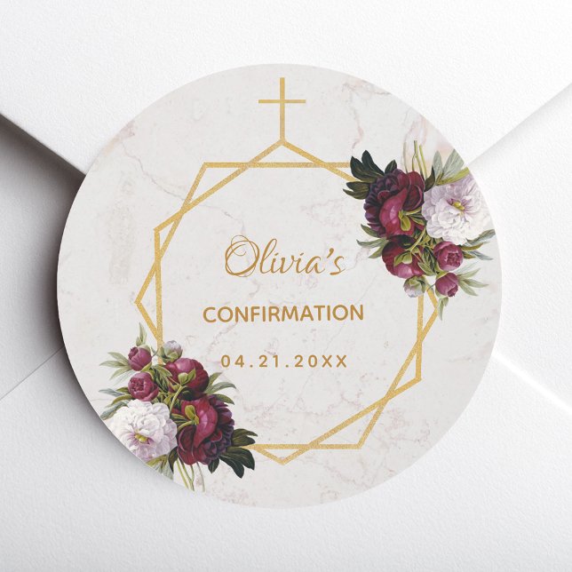 Sticker Rond Fille Confirmation Bourgogne Red Peonies Marble Go (Créateur téléchargé)