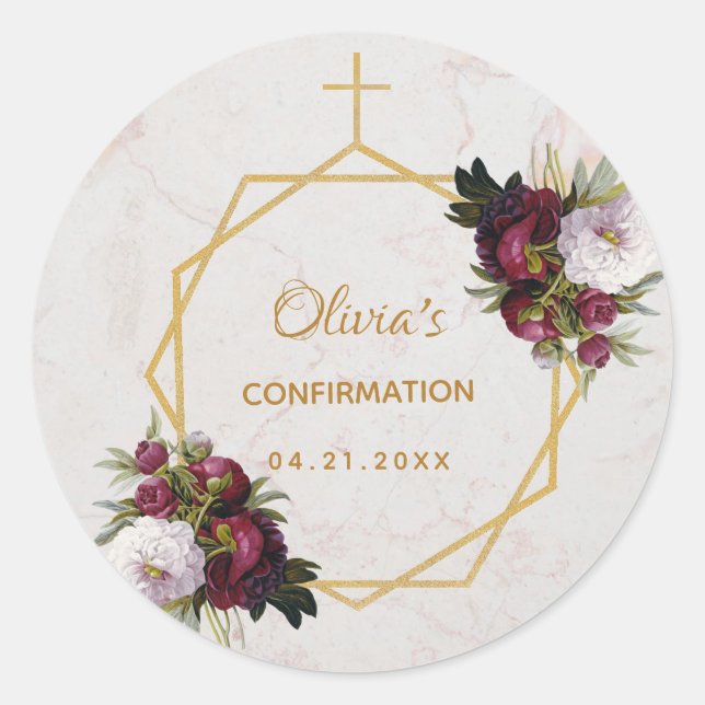 Sticker Rond Fille Confirmation Bourgogne Red Peonies Marble Go (Devant)