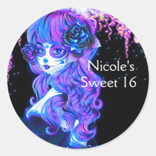Sticker Rond Fille Crâne de Sucre Jour des Morts Néon Lumineux 
