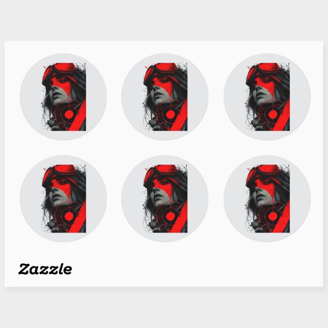 Sticker Rond Fille Cyberpunk Dystopique Édgeuse Cible Rouge (Feuille)
