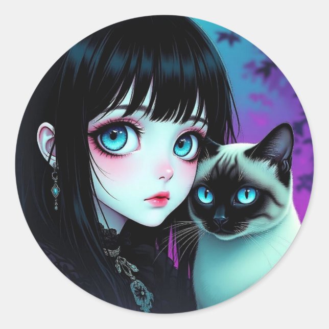 Sticker Rond Fille d'anime et chat siamois (Devant)