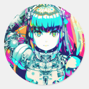 Sticker Rond Fille d'anime Mécha Colorée