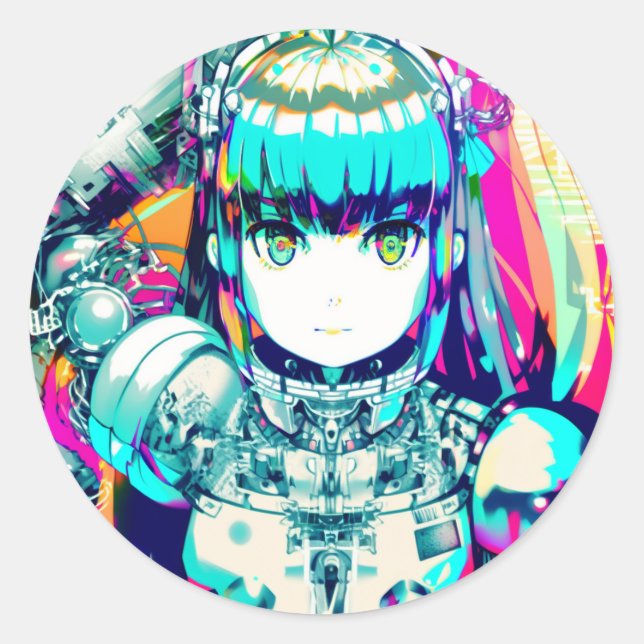Sticker Rond Fille d'anime Mécha Colorée (Devant)