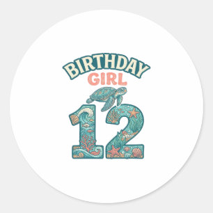 Sticker Rond Fille d'anniversaire 12 Tortue de mer Océan Vintag