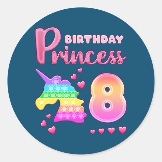 Sticker Rond Fille d'anniversaire 8 ans Unicorn Pop It Fidget (Devant)