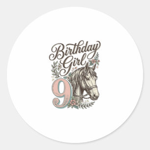 Sticker Rond Fille d'anniversaire 9 Cheval Floral Gravure Vinta