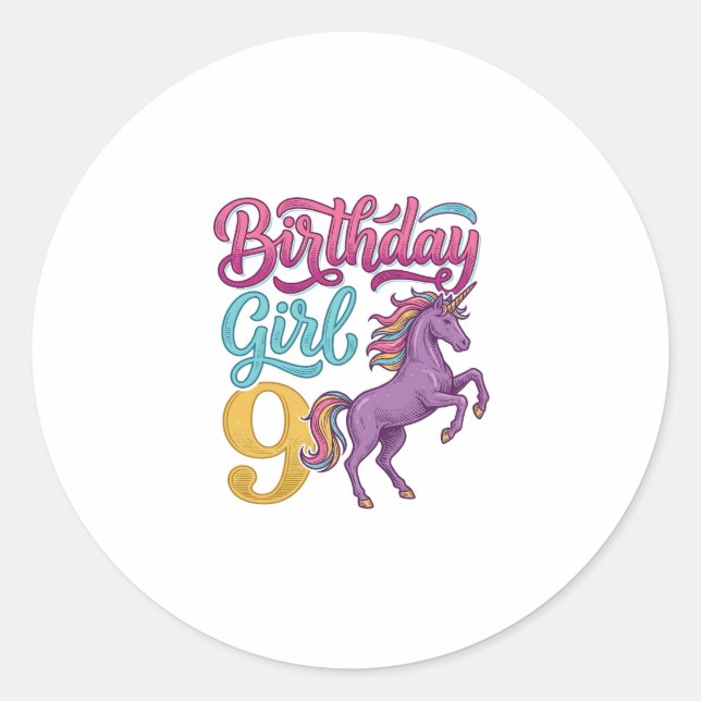 Sticker Rond Fille d'anniversaire 9 Licorne Dessin de gravure v (Devant)