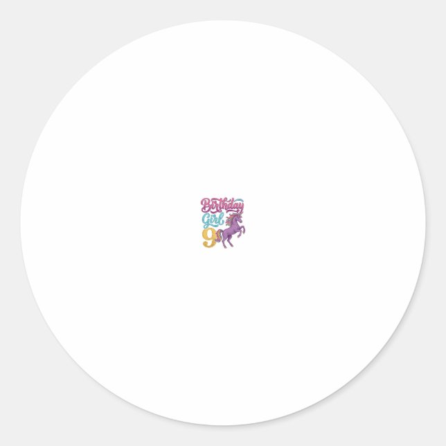Sticker Rond Fille d'anniversaire 9 Licorne Dessin de gravure v (Devant)