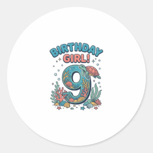 Sticker Rond Fille d'anniversaire 9 Tortue de mer Vector Design