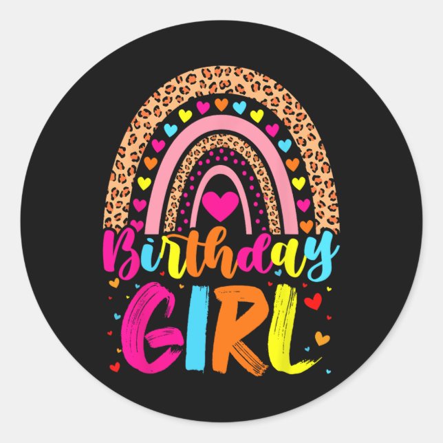 Sticker Rond Fille d'anniversaire Leopard Arc-en-ciel Fête d'an (Devant)