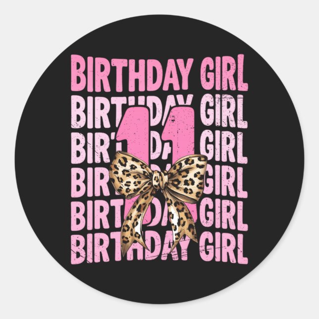 Sticker Rond Fille de 11 ans anniversaire rose coquette léopard (Devant)