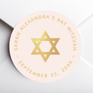 Sticker Rond Fille de Bat Mitzvah Étoile de David en Or Faux Ro