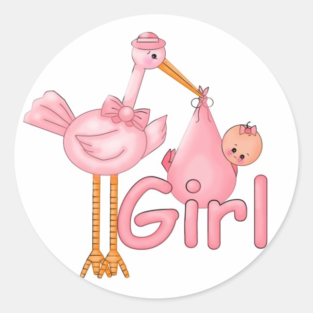 Sticker Rond Fille de bébé à cigogne rose (Devant)
