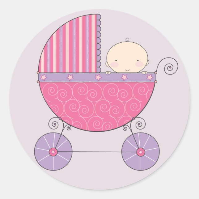 Sticker Rond Fille de bébé rose et pourpre en transport (Devant)