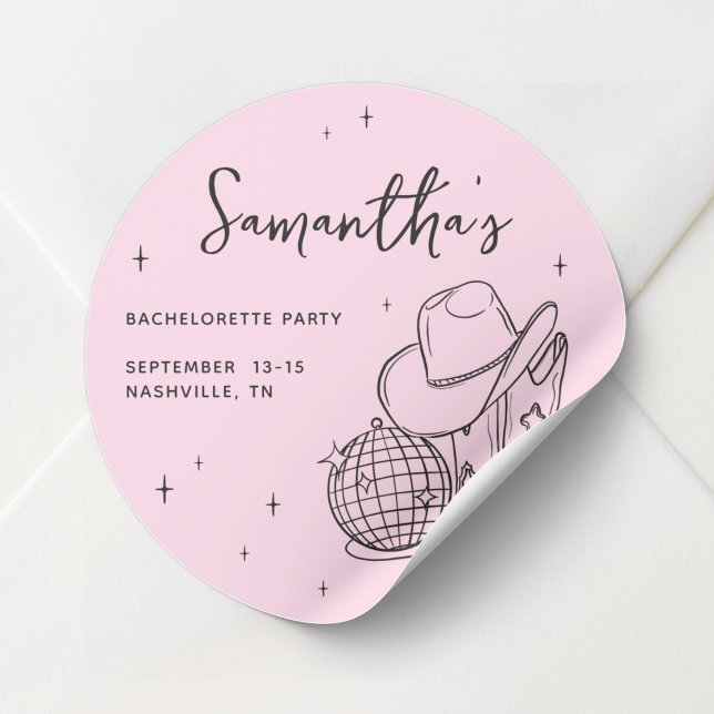 Sticker Rond Fille de cow-boy rose disco dernier rodéo enterrem (Pink Cowgirl Disco Last Rodeo Bachelorette Party Classic Round Sticker)