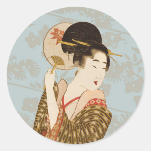 Sticker Rond Fille de Geisha japonaise vintage en kimono avec é