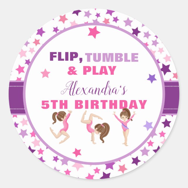 Sticker Rond Fille de Gymnastique Fête d'Anniversaire Étoiles (Devant)