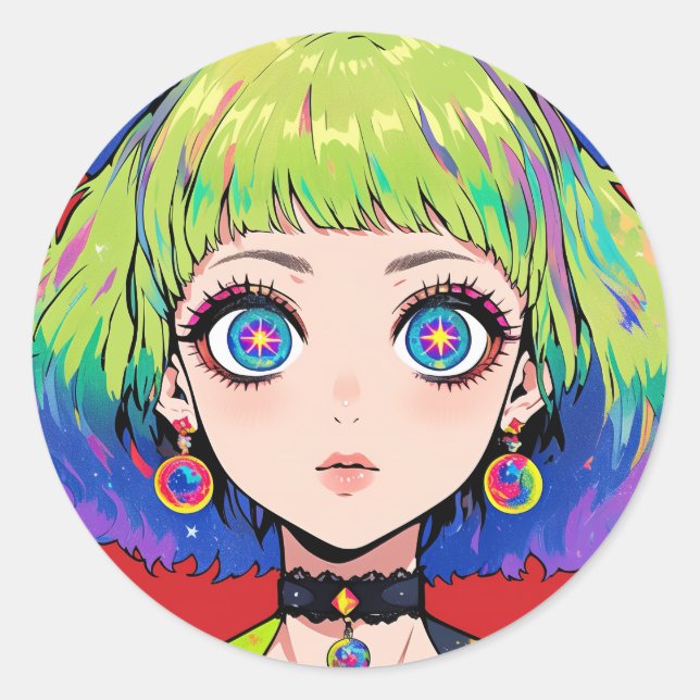 Sticker Rond Fille de l'espace Glitchcore avec des yeux d'étoil (Devant)