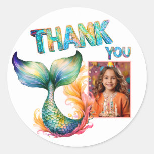 Sticker Rond Fille de Merci d'anniversaire de sirène colorée Ph