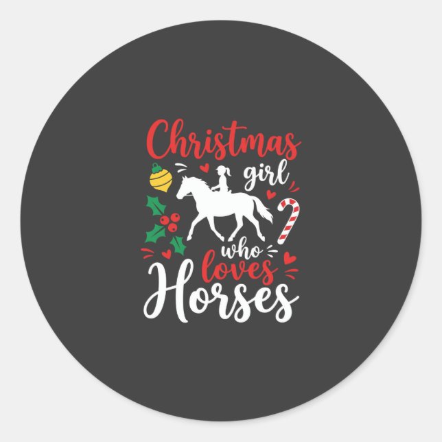 Sticker Rond Fille de Noël qui aime les chevaux (Devant)