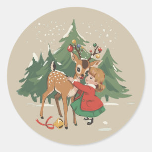 Sticker Rond Fille de Noël rétro et arbre vintage de renne 