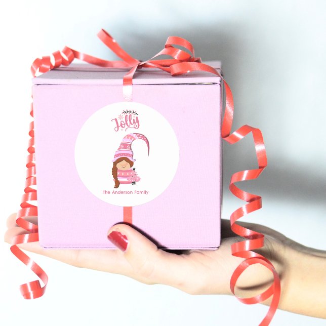 Sticker Rond Fille de Noël rose Gnome avec cheveux tressés Joll (Créateur téléchargé)