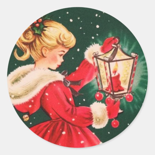 Sticker Rond Fille de Noël Vintage Avec Lanterne (Devant)