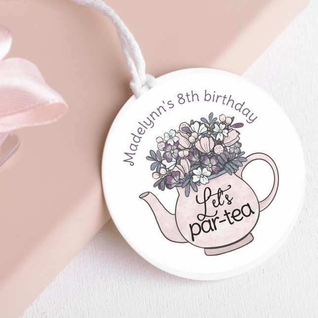 Sticker Rond Fille de théière Florale Fille d'anniversaire Tea  (Girls Birthday Tea Party Stickers - Use for tags or favor labels!)
