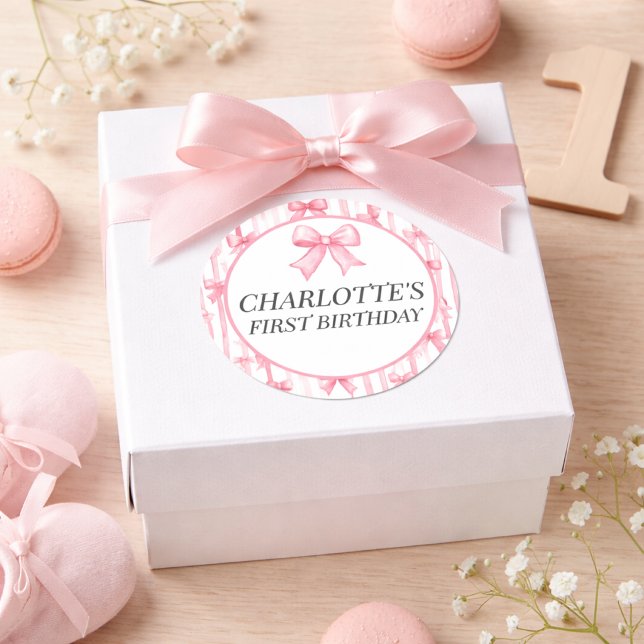 Sticker Rond Fille du premier anniversaire à ruban rose  (pink bow stripes sticker)