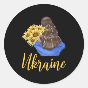 Sticker Rond Fille d'Ukraine avec tournesols couleurs bleu jaun