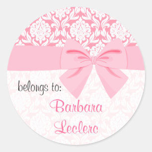 Sticker Rond Fille Elegant Rose Damask Wrap Bow Personnalisé