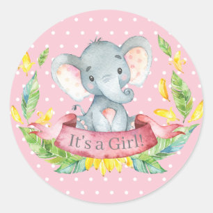 Sticker Rond Fille Éléphant Baby Shower Rose