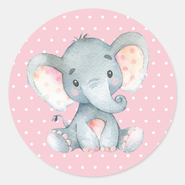Sticker Rond Fille Éléphant Baby Shower Rose (Devant)