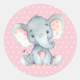 Sticker Rond Fille Eléphant Baby shower rose