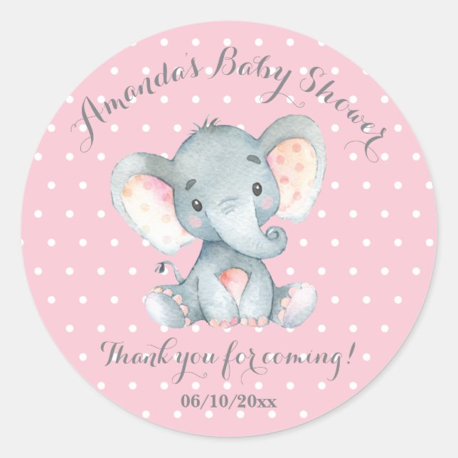 Sticker Rond Fille Eléphant Baby shower rose Merci Favor (Devant)