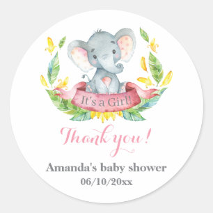 Sticker Rond Fille Eléphant Baby shower rose Merci Favor