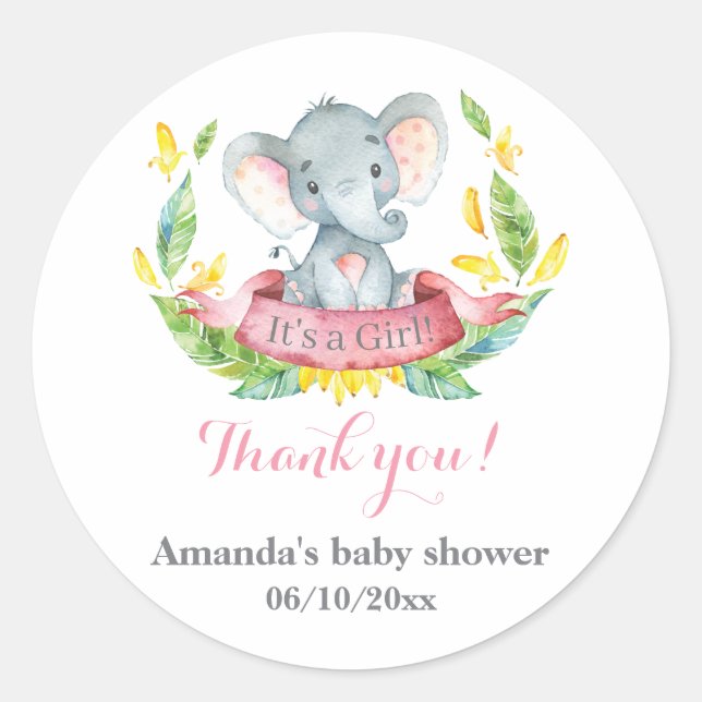 Sticker Rond Fille Eléphant Baby shower rose Merci Favor (Devant)