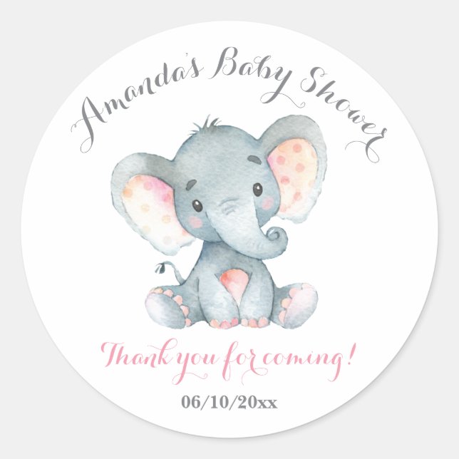 Sticker Rond Fille Eléphant Baby shower rose Merci Favor (Devant)