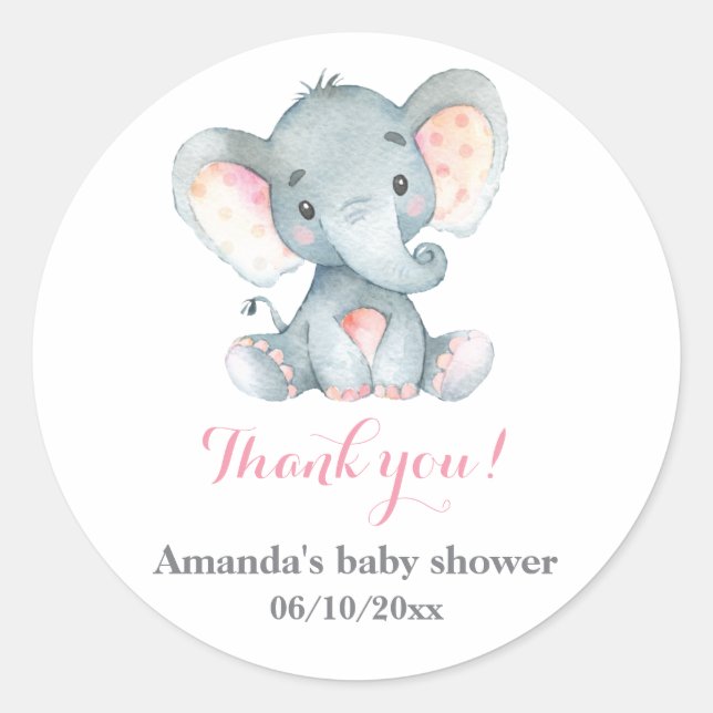 Sticker Rond Fille Eléphant Baby shower rose Merci Favor (Devant)