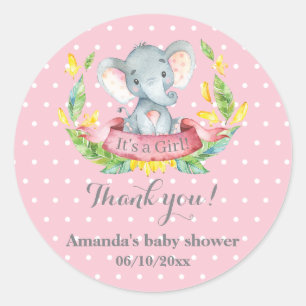 Sticker Rond Fille Eléphant Baby shower rose Merci Favor
