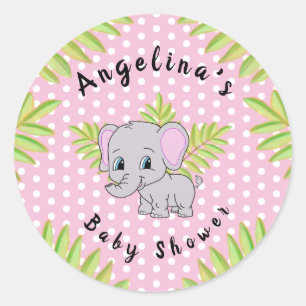 Sticker Rond Fille Eléphant Rose Polka Baby shower Animaux